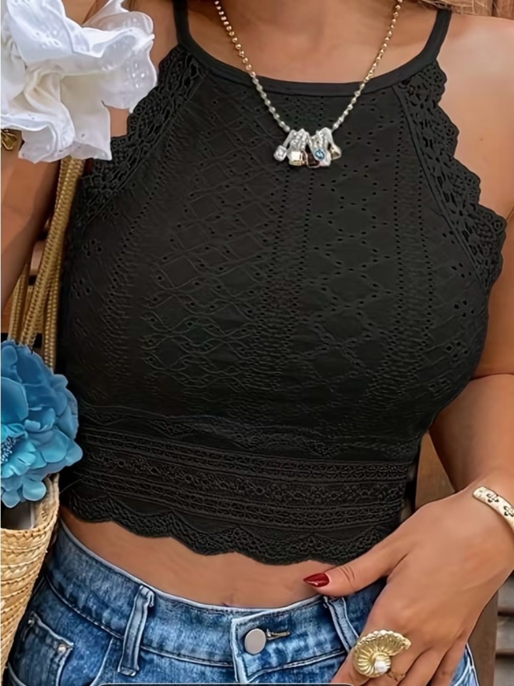 Black Crochet Halter Crop Top